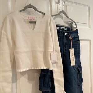 Wide leg Denim cargo Jeans and White sweater top for girls.